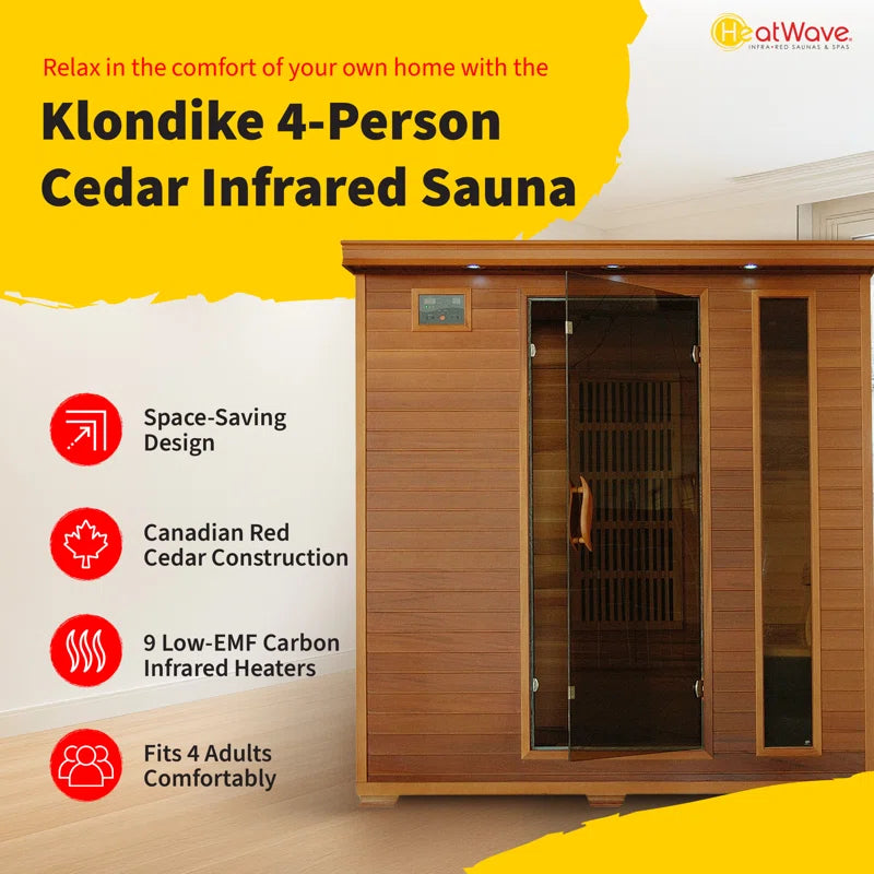Experience Ultimate Relaxation with the Klondike 4-Person Cedar Infrared Sauna Featuring 9 Heaters