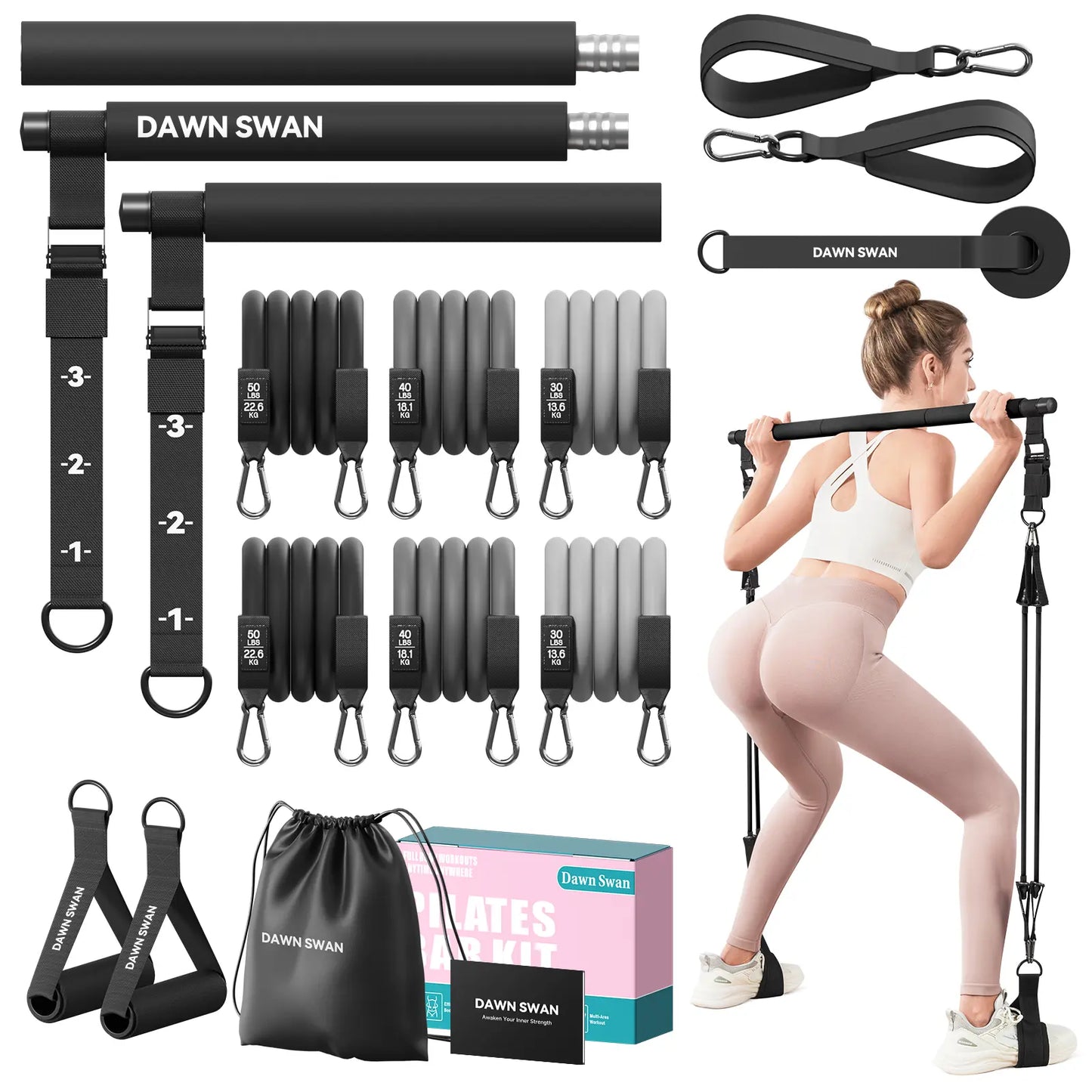 [DAWN SWAN] Pilates Bar Kit with Resistance Bands – Adjustable Home Gym Workout Equipment for Women & Men – Portable Pilates Equipment for Squats, Yoga & Full Body Toning