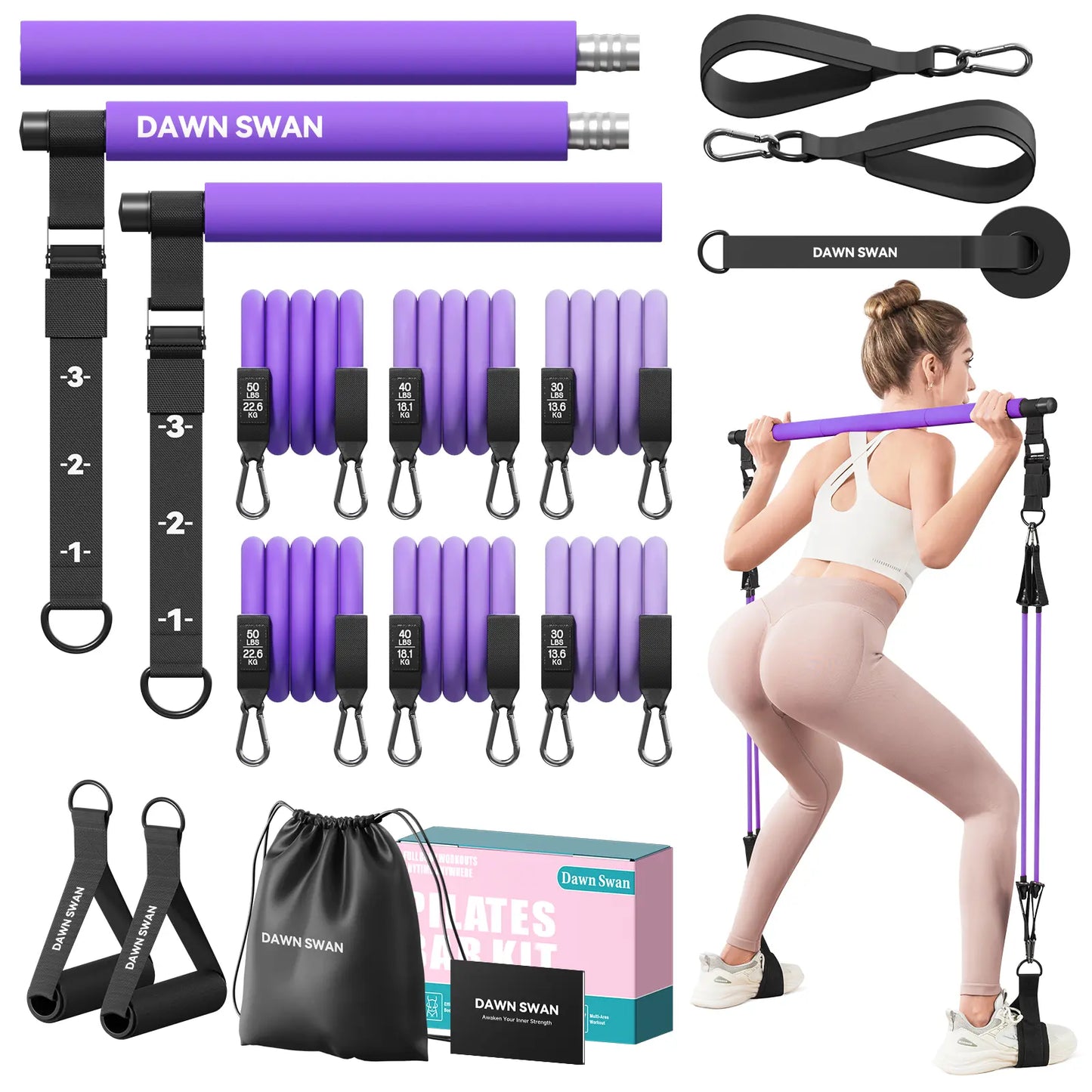 [DAWN SWAN] Pilates Bar Kit with Resistance Bands – Adjustable Home Gym Workout Equipment for Women & Men – Portable Pilates Equipment for Squats, Yoga & Full Body Toning
