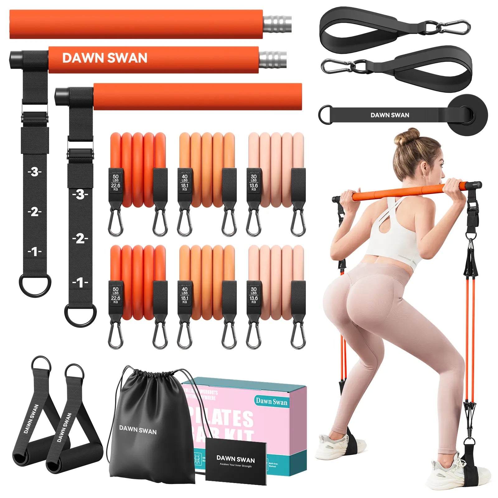 [DAWN SWAN] Pilates Bar Kit with Resistance Bands – Adjustable Home Gym Workout Equipment for Women & Men – Portable Pilates Equipment for Squats, Yoga & Full Body Toning