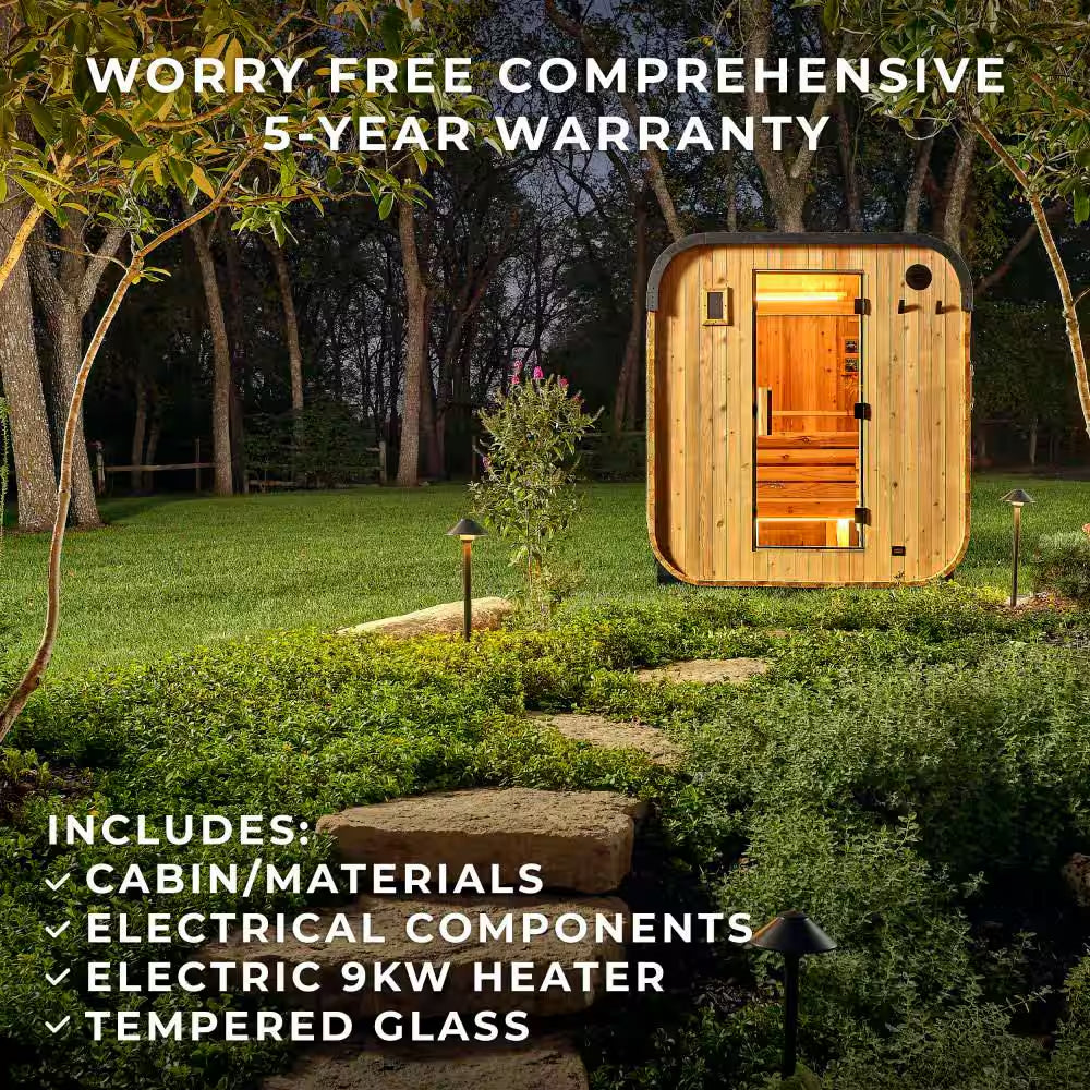 Lennon 6-Person Outdoor Cedar Sauna - Luxurious Wet/Dry Cube with 9kW Electric Heater, Smart Wi-Fi Control & LED Ambiance