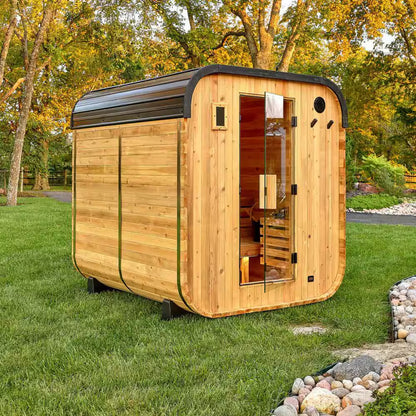 Lennon 6-Person Outdoor Cedar Sauna - Luxurious Wet/Dry Cube with 9kW Electric Heater, Smart Wi-Fi Control & LED Ambiance
