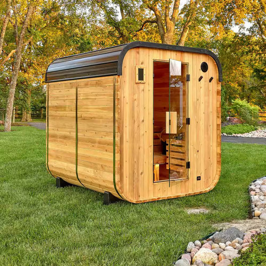Lennon 6-Person Outdoor Cedar Sauna - Luxurious Wet/Dry Cube with 9kW Electric Heater, Smart Wi-Fi Control & LED Ambiance