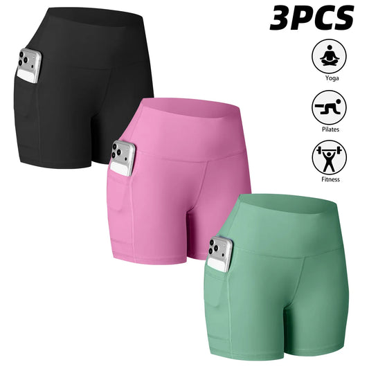CHRLEISURE 3-Pack High-Waisted Biker Shorts with Pockets Inner and Side Pockets for Women Workout Yoga Running Gym Tennis Shorts