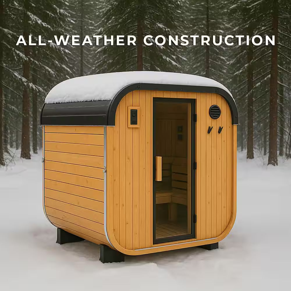 Lennon 6-Person Outdoor Cedar Sauna - Luxurious Wet/Dry Cube with 9kW Electric Heater, Smart Wi-Fi Control & LED Ambiance