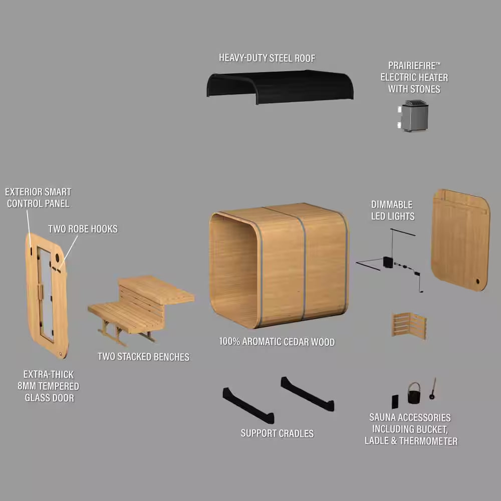 Lennon 6-Person Outdoor Cedar Sauna - Luxurious Wet/Dry Cube with 9kW Electric Heater, Smart Wi-Fi Control & LED Ambiance