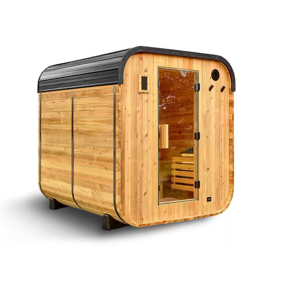 Lennon 6-Person Outdoor Cedar Sauna - Luxurious Wet/Dry Cube with 9kW Electric Heater, Smart Wi-Fi Control & LED Ambiance