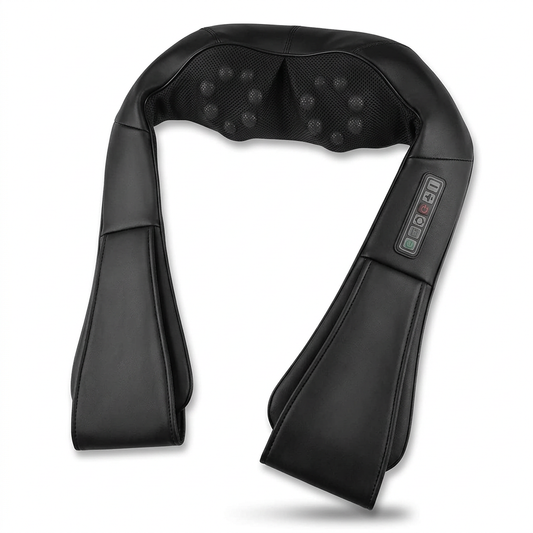 Black U-shaped heated shiatsu neck and shoulder massager on a white background (AI-generated image)