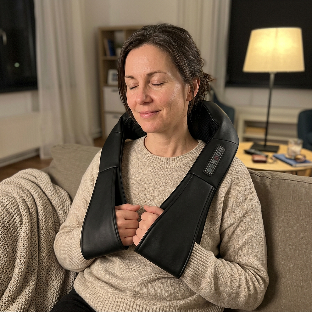 Woman relaxing on a couch wearing the heated shiatsu neck and shoulder massager in warm evening lamp light